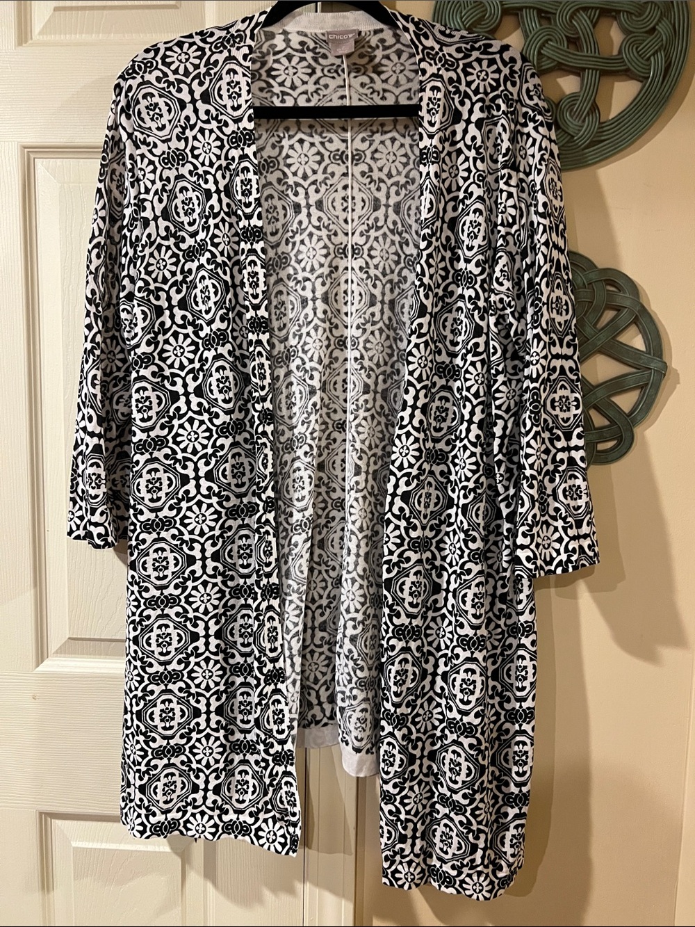Euro Summer Linen Cream and Black Patterned Open Cardigan Chico’s 2 US 12 Large